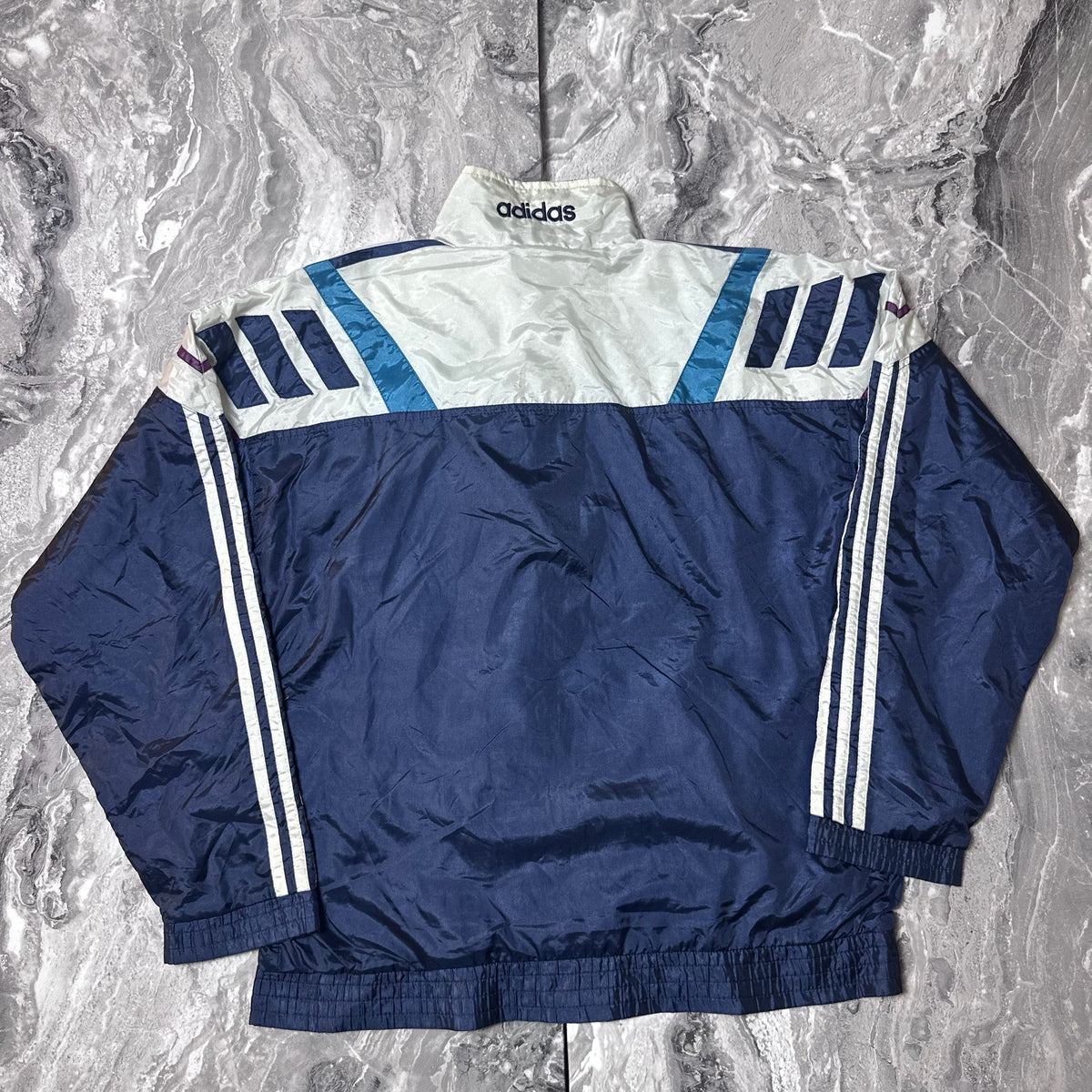 Veste Adidas vintage rétro blanche, bleue et violette – Taille 174