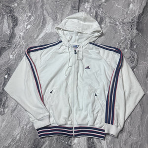 Sweat Adidas à capuche blanc rayé bleu et rouge – Taille M femme