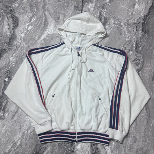 Sweat Adidas blanc rayé bleu et rouge à capuche vue de face