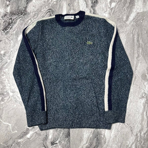 Pull Lacoste bleu chiné avec bandes blanches et bleues – Taille FR 3 / US S